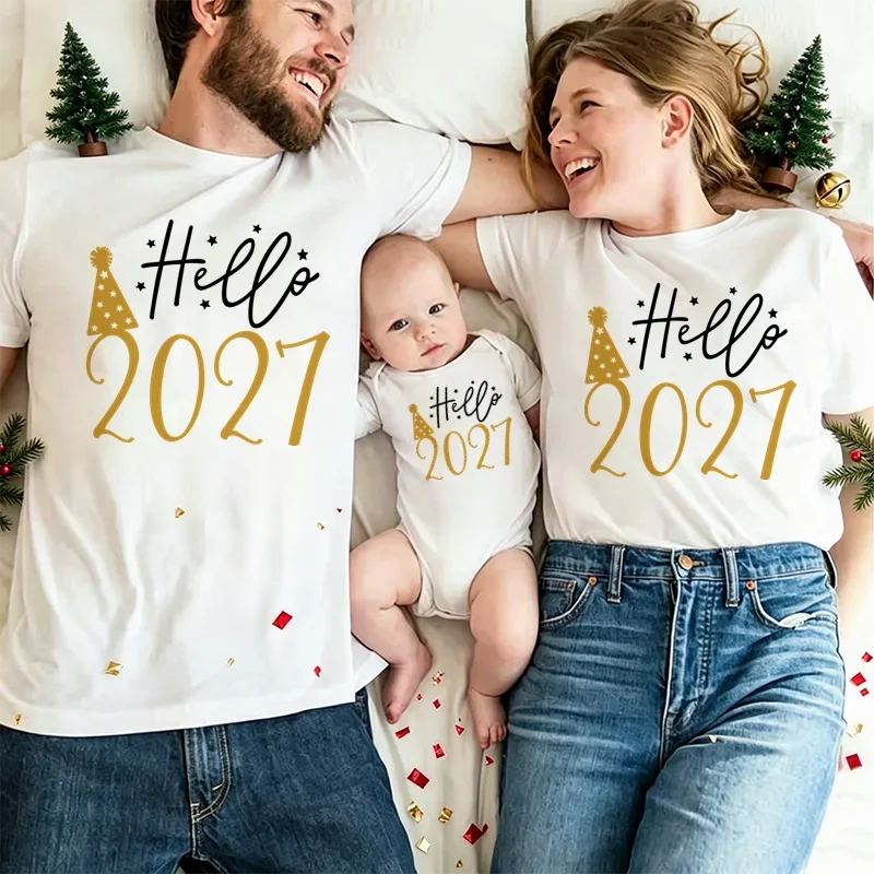 Hello 2027 Family Matching Outfits Happy New Year Party Outfits Dad Mom Kids Baby Romper Short Sleeve Cotton Family Look Tees