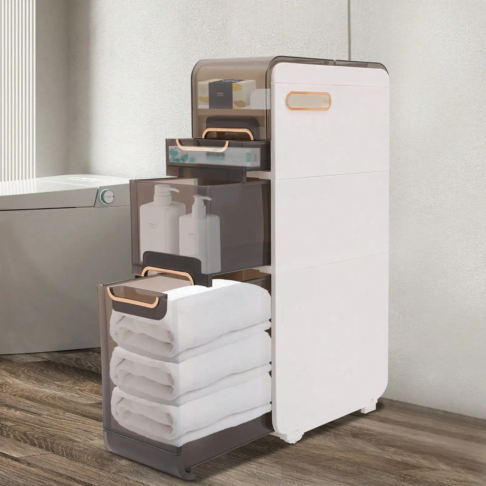 

Bathroom Floor Cabinet W/3 Clear Drawers Toilet Paper Holder Narrow Bathroom Storage Cabinet W/2 Casters Vertical Storage