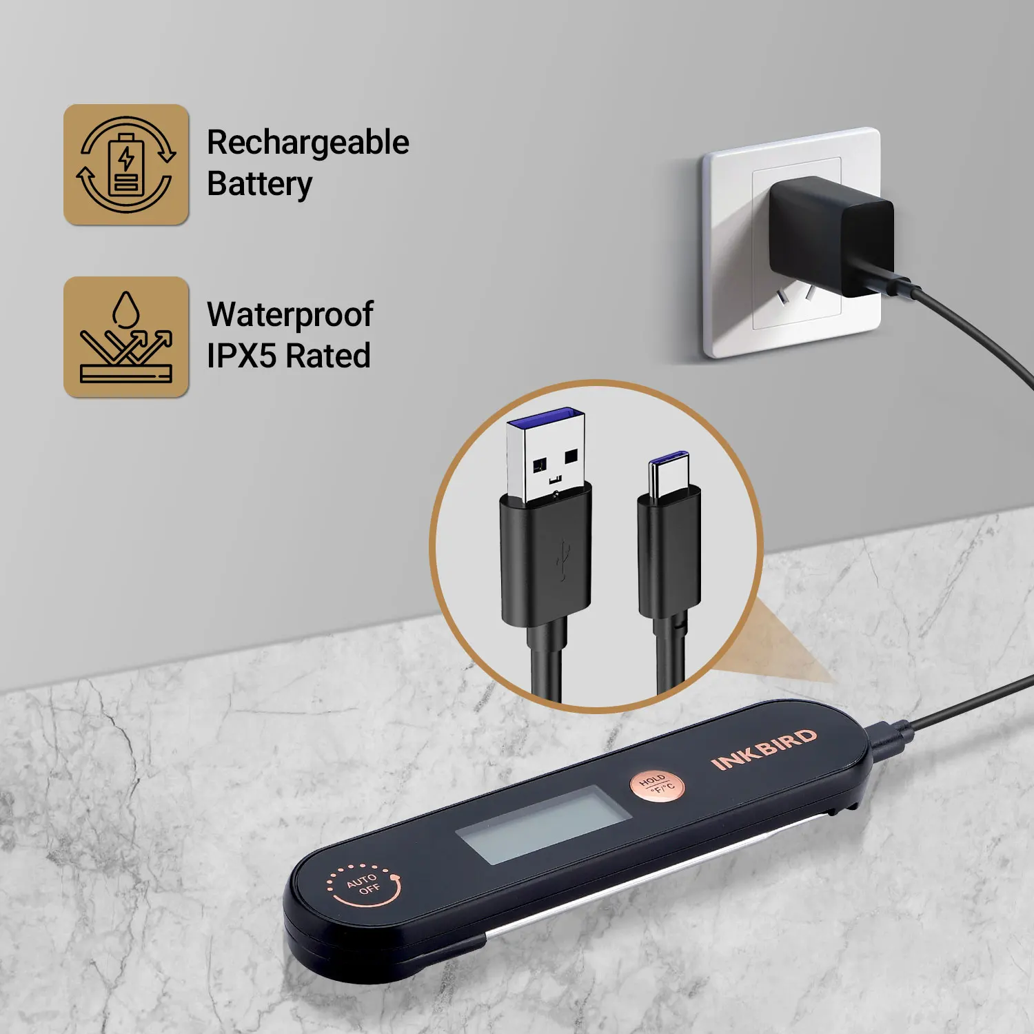 INKBIRD termometer daging IHT-1X, termometer Baca makanan Digital genggam tahan air dapat diisi ulang dengan probe untuk BBQ, susu