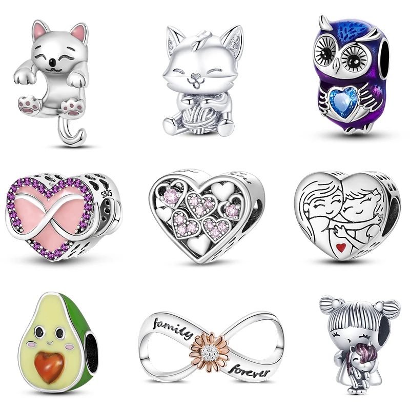 Fit Original 925 Sterling Silver Charms Beads Cute Cat Avocado Purple Owl Beads Charms For Women Fine DIY Birthday Jewelry Gifts