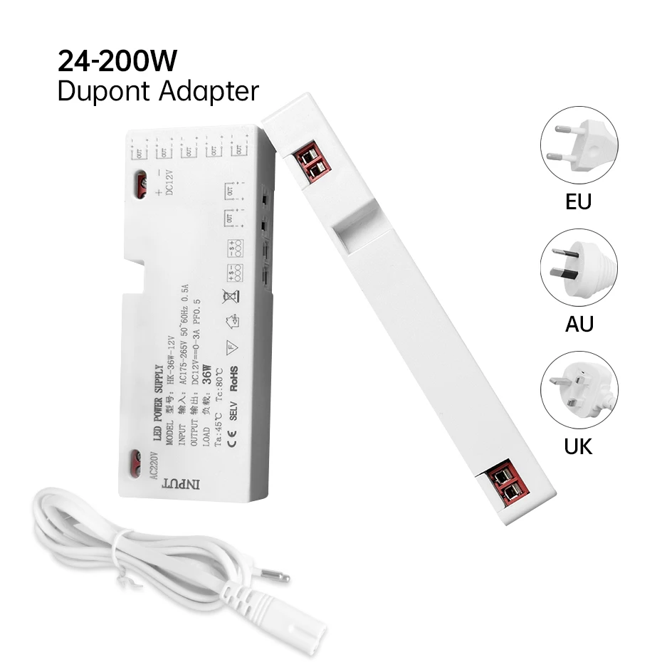 Dupont 24W-200W LED Cabinet Light Driver Transformer Power Supply AC220V to DC12V/24V EU/AU/UK Plug for LED Showcase Light Strip
