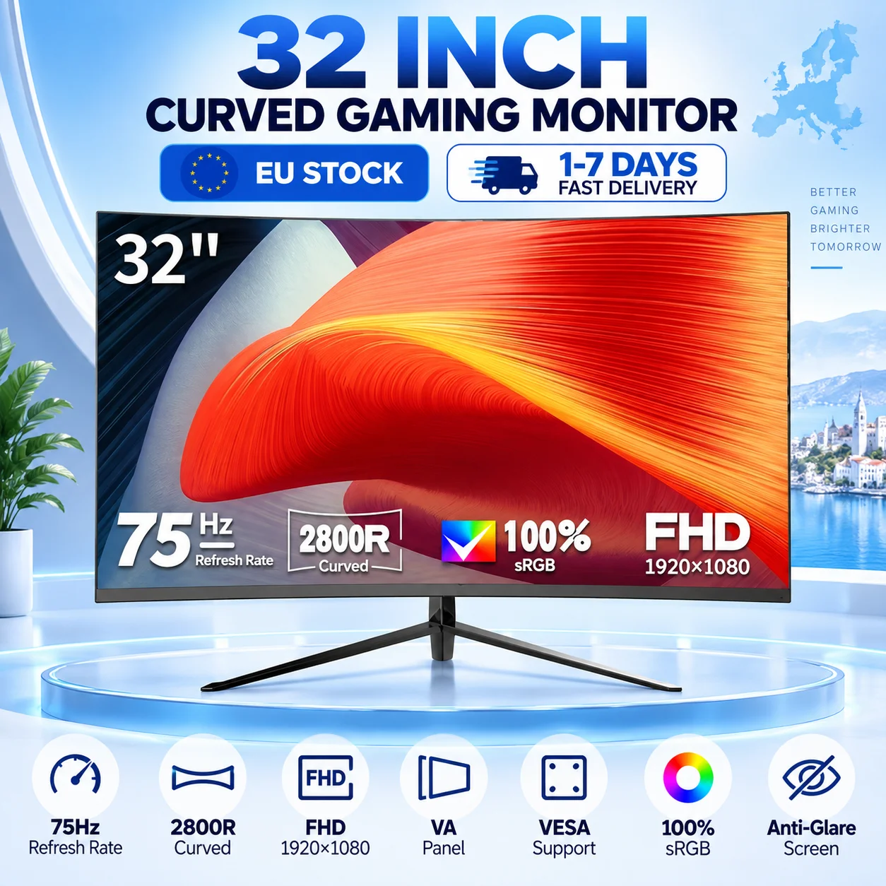 Moniteur de jeu incurvé de 32 pouces, 75 Hz, 2800R FHD 1920×1080 VA, moniteur d'ordinateur PC avec design sans cadre, support VESA, écran anti-reflets