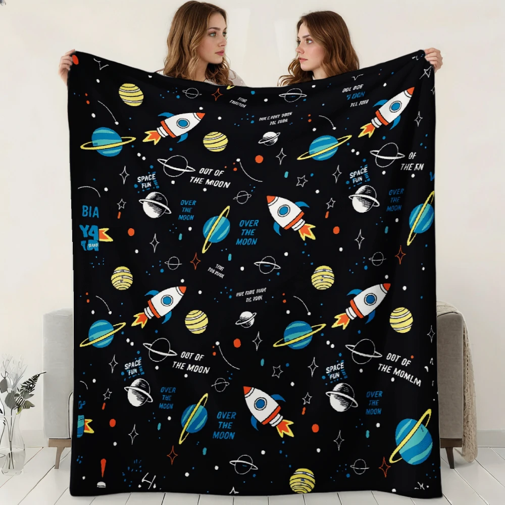 Space Rocket, Planets, Stars And Pattern Flannel Blanket, Soft Warm And Comfortable Travel Blanket, Plush Throw, Gifts, Birthday