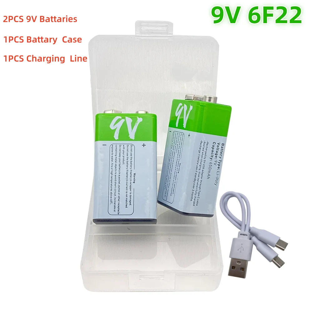 2PCS 9V 6F22  Rechargeable Li-Ion Battery USB Charging Li-ion Square Battery 650mah  for KTV Microphone Metal Detector Toy