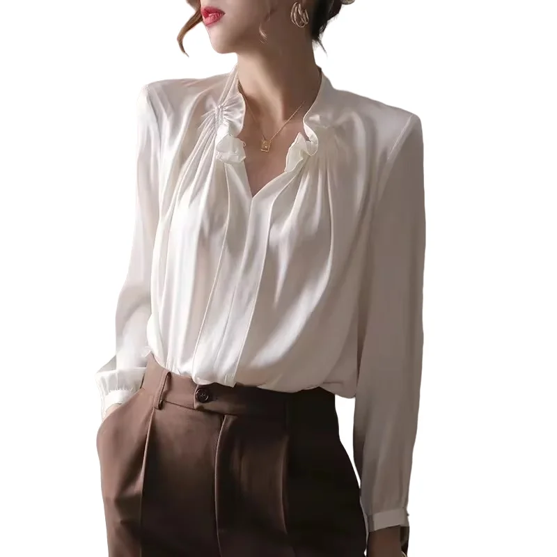 Satin Women Shirts Long Sleeve Blouses New Summer Soft and Breathable Korean Fashion Flounce V-neck Solid Color White Top