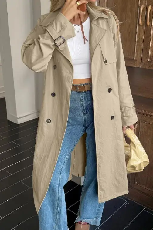 

Solid Color Casual Long Windbreaker Jacket 2025 Autumn Women's Fashionable Lapel Double Row Buckle Commuting Windbreaker Jacket