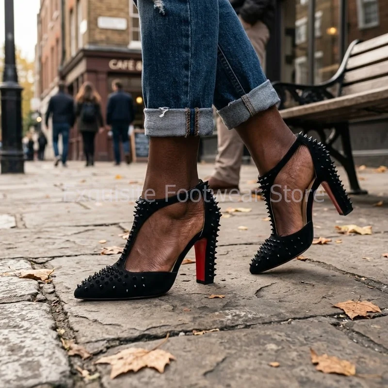 Escarpins noirs en daim à talons aiguilles pour femme, à bout pointu, avec bride en T, sandales à talons hauts, talons cloutés, pour soirée, bal de promo, mariée