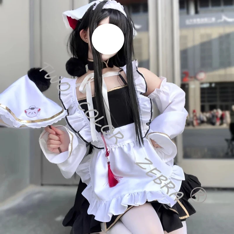 

A;3\v,7'd/Game Azur Lane Chang Feng Cosplay Costume White Maid Cos Dress with Frilled Apron Choker Headress Props Wig w.3;v'6\b/