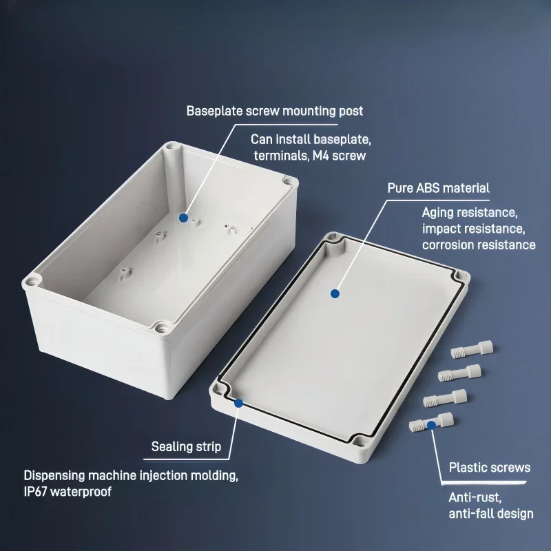 Outdoor waterproof junction box with IP67 rating for monitoring power distribution box, sealed with ABS plastic box