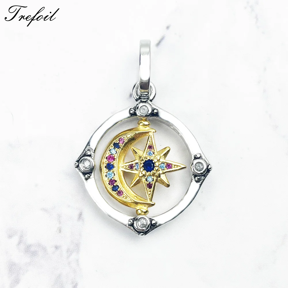 Pendant Moon & Star Movable 925 Sterling Silver Golden Bicolor Colorful Zirconia New Fine Woman Jewelry Girl Trendy Lucky Gift