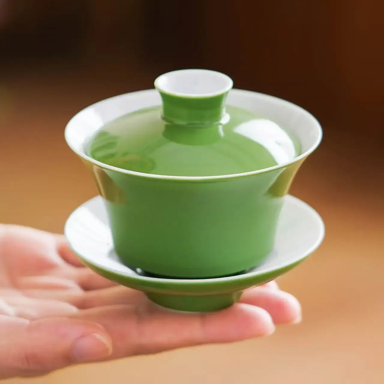 Grassland Green Horseshoe Three Talent Cover Bowl TeaSet High-end Tea Ceramic Cover Bowl Tea Zen Tea Bowl 1Bowl 2 Cups Ornaments