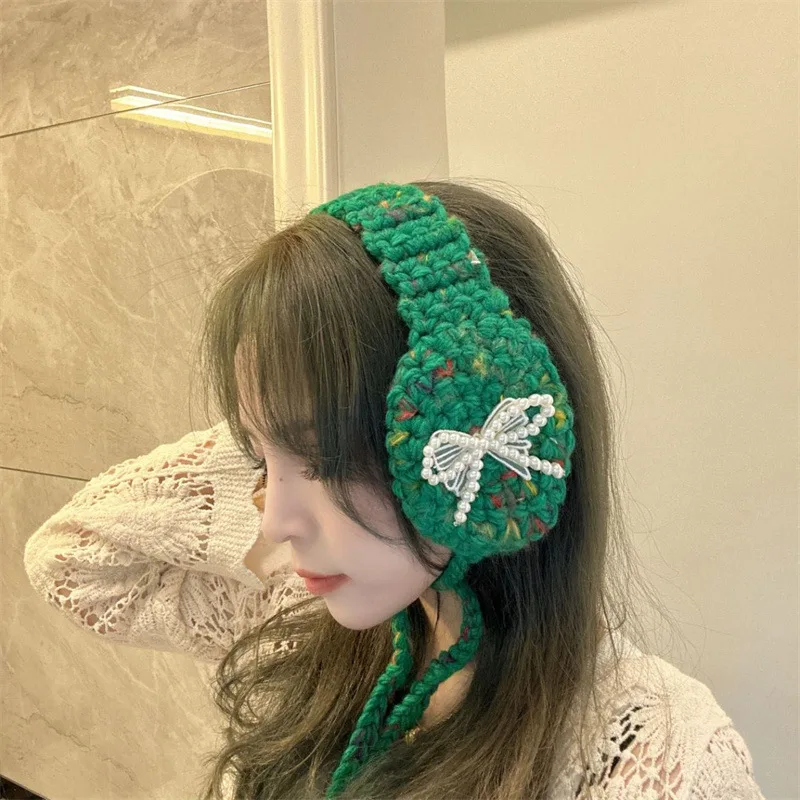 

Корейская версия, вязаные вручную наушники с меланжевым жемчугом и бантом, осенне-зимние милые и теплые женские повязки на голову на шнуровке