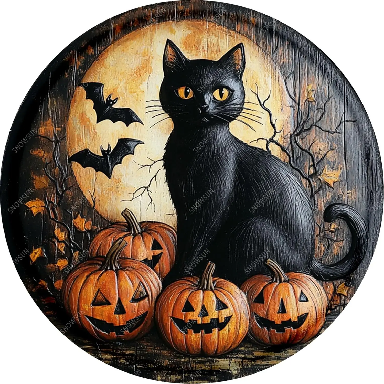 snowsun Vintage Metal Signs Cat and Pumpkins Funny Halloween Tin Sign Round Aluminum Sign Wall Decor for Home Office Yard Garage