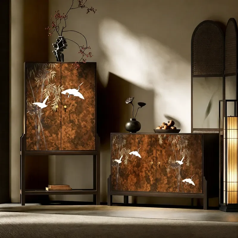 Song Style Bamboo Crane Pattern Solid Wood High Cabinet Living Room Entrance Storage Zen Ancient Style Vertical Floor