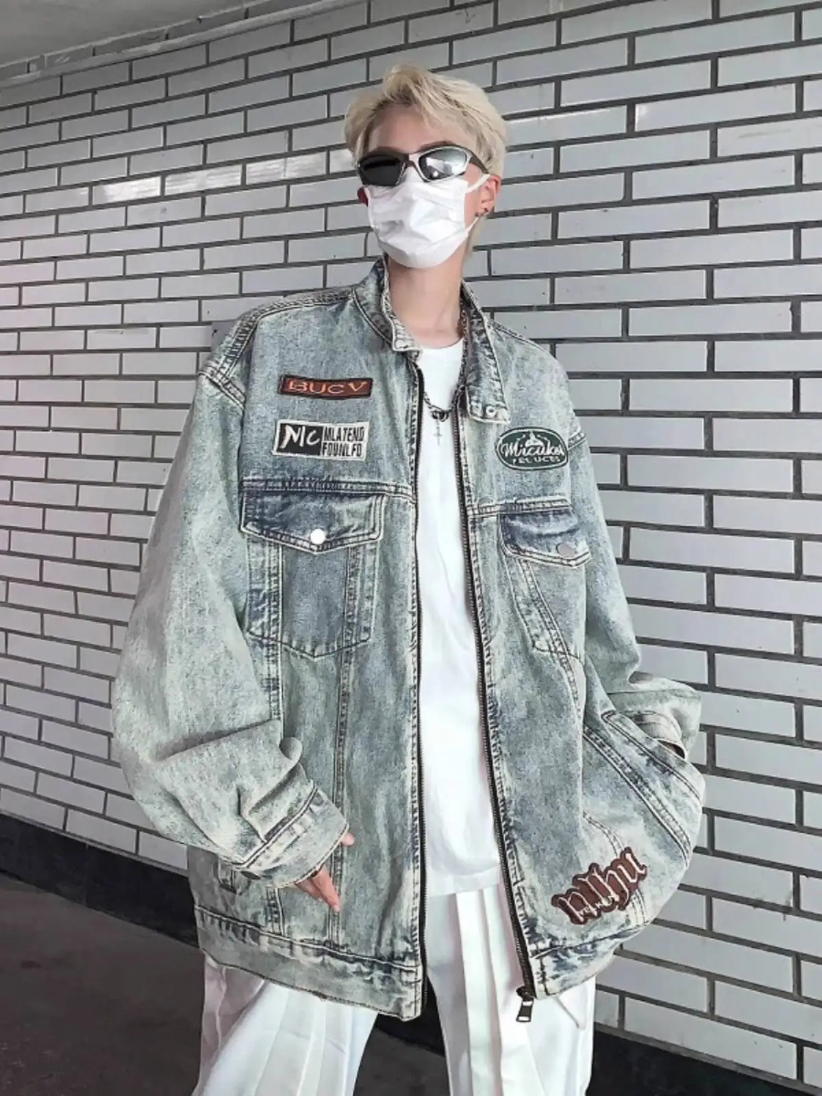 Man Women Denim Jacket Coat Spring Unisex High Street Stand Collar Padded Shoulder Design Cool Loose Casual Embroidered Washed