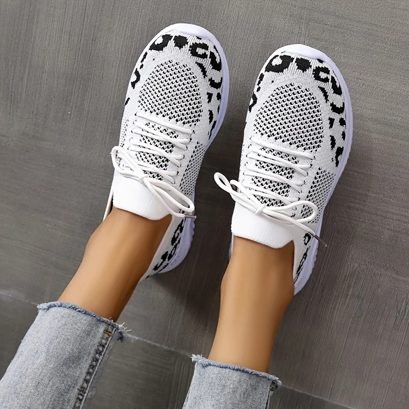 Leopard Print Breathable Mesh Sneakers Summer Women Lightweight Non Slip Knitted Flats Woman Comfortable Running Sports Shoes