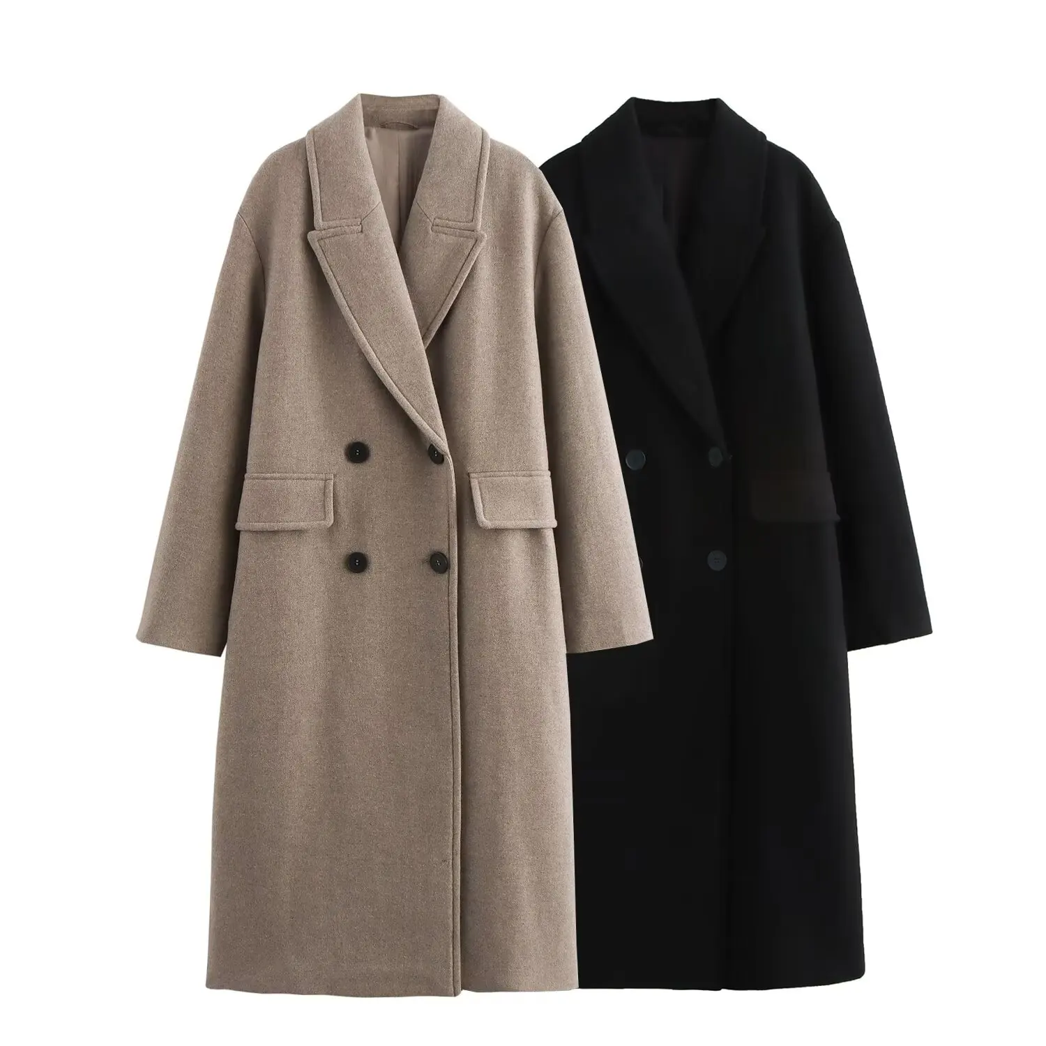 

Women Autumn Winter Solid Long Coat Female Turn-Down Collar Long Sleeved Double Breasted Overcoat Lady Elegant Jacket Streetwear