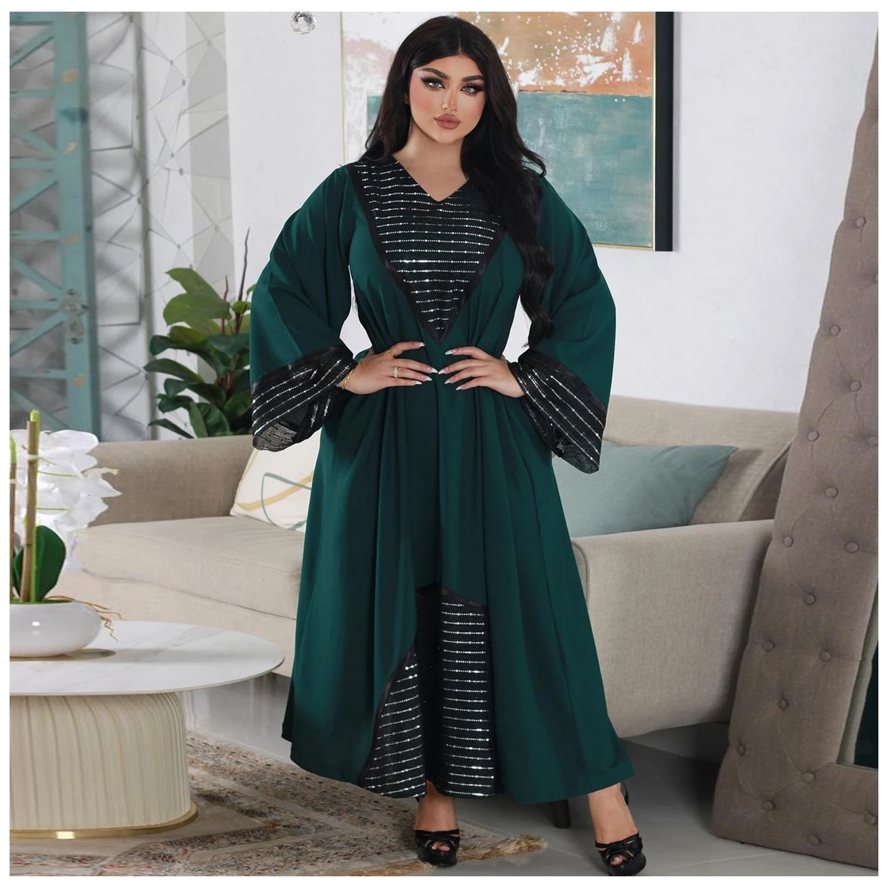 

New Eid Muslim Sequin Long Dress Women Abaya Sparkling V-neck Party Dresses Robe Caftan Ramadan Abaya Kaftan Jalabiya Autumn