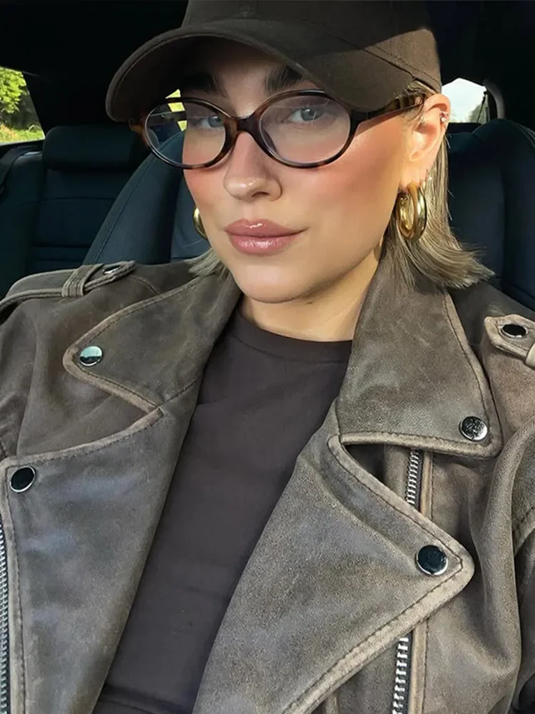 Moda sólida lapela jaqueta de couro curto feminino manga cheia bolsos com zíper casaco solto senhora 2025 outono diário deslocamento rua wear