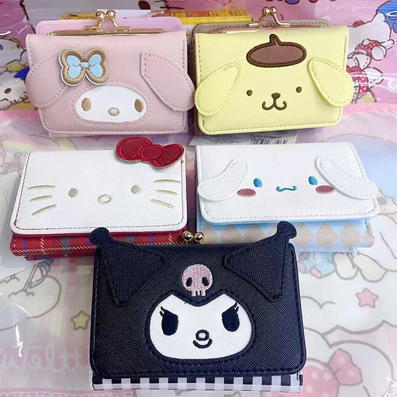 Sanrio Hello Kitty Bag Kawaii Cinnamon My Melody Kuromi Casual Fashion PU Leather Wallet Cute Folding Card Bags Birthday Gifts