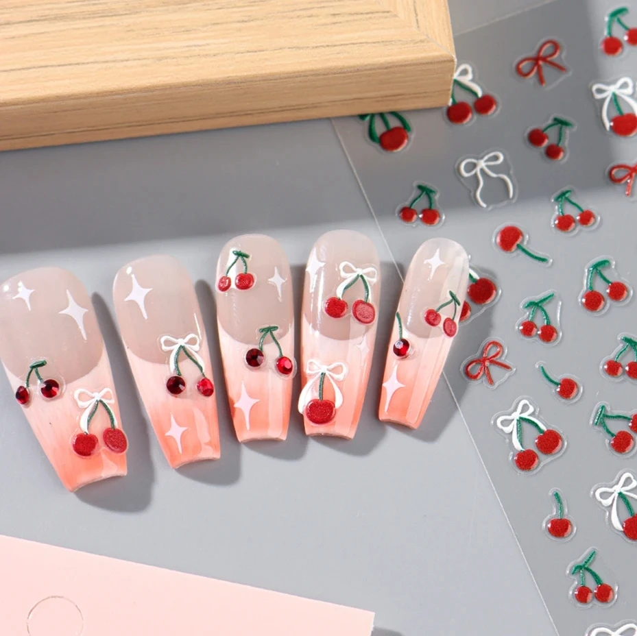 5d geprägte Nail Art Aufkleber rote Diamanten Gelee Kirsche Kleber Schieber Aufkleber Dekorationen für Nagels pitzen Maniküre