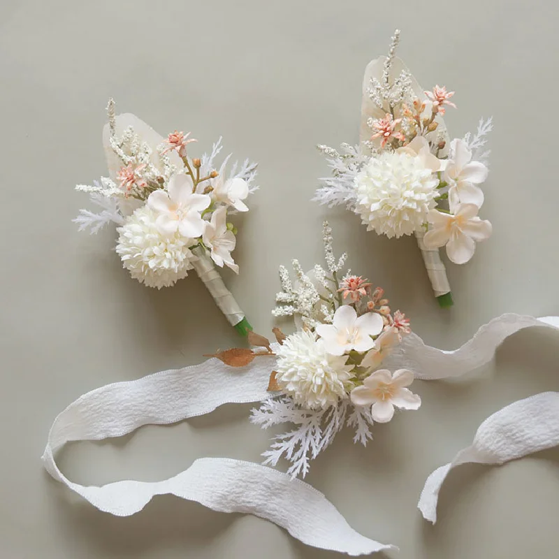 Buquê de flor de casamento artificial, Flor falsificada artificial, Corsage Handed, Boutonniere feminino, Rosa champanhe, atacado, 2437