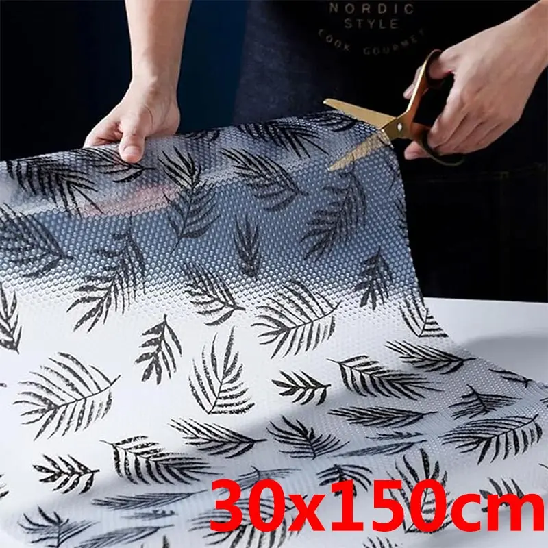 

30x150CM Leaves Print Shelf Liner for Kitchen Cabinets Non-Adhesive Drawer Liner EVA Waterproof Non-Slip Shoe Pad Cupboard Mat