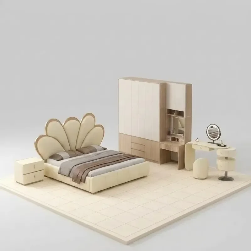 Modern Italian luxury five-piece bedroom furniture set PU leather queen bed wardrobe dresser with 5 + drawers can be