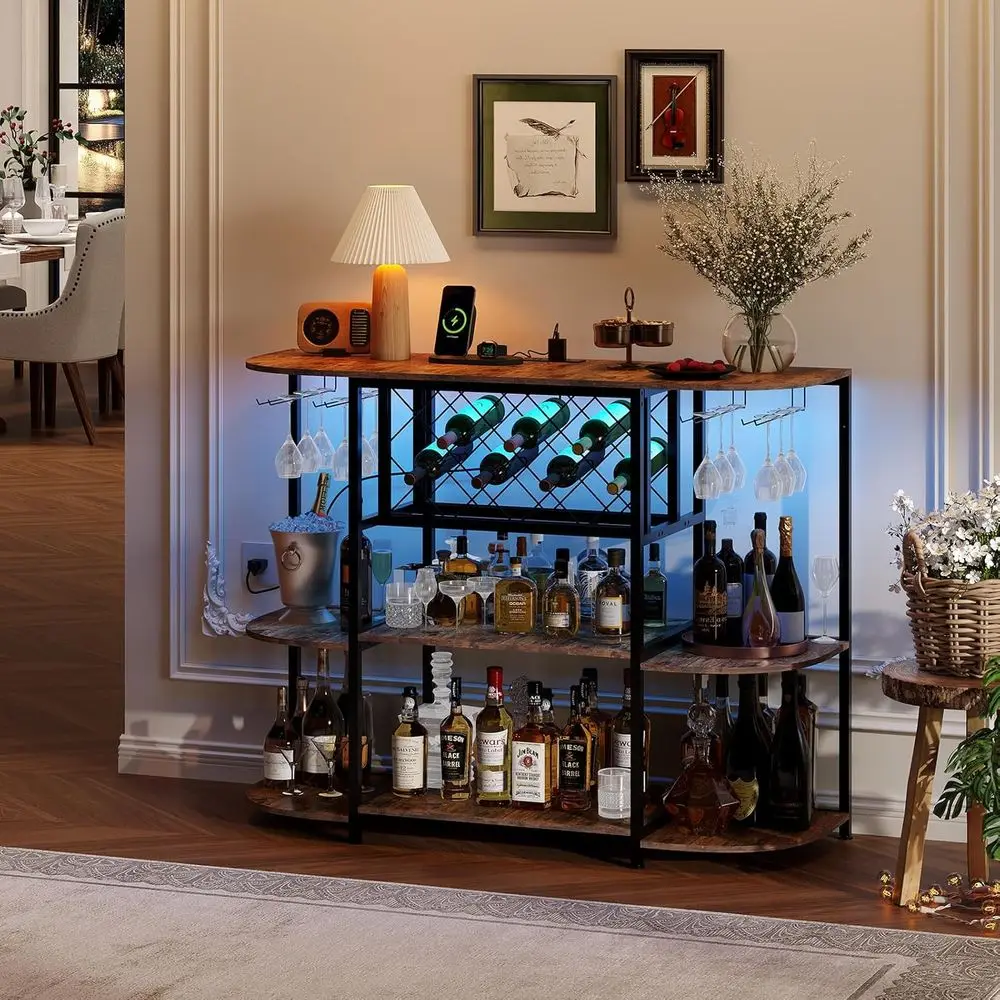 47,2 metalen thuisbarwagen met LED-verlichting, stopcontact, opbergruimte met 4 niveaus, wijnrekken en glazen houder