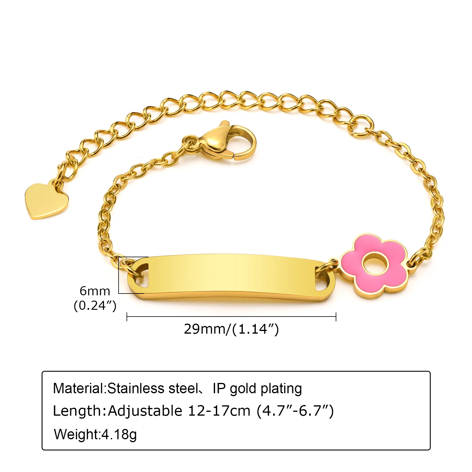 Free Engraving  Name Bracelet for Little Girl Boy , Cute Flower Stainless Steel Chain Adjustble, Personalized Gift Birthday