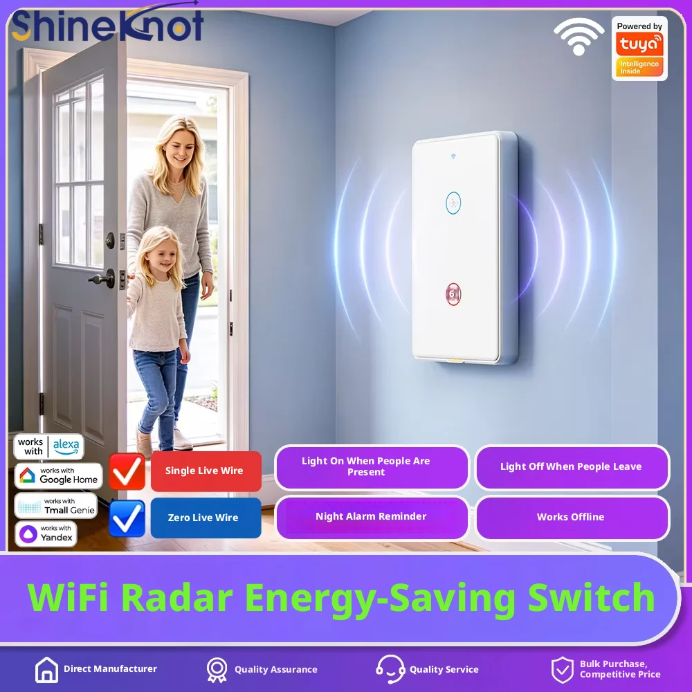 SHINEKNOT Tuya Smart Home Wifi Energy Saving Radar Sensing Wall Touch Light Switch Us Single Zero Wire Us Standard