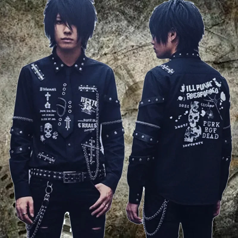 

2025 г., японская мужская рубашка с длинными рукавами в стиле «Kill Matt Punk», с цепочкой и заклепками, женская нейтральная рубашка с рисунком черепа