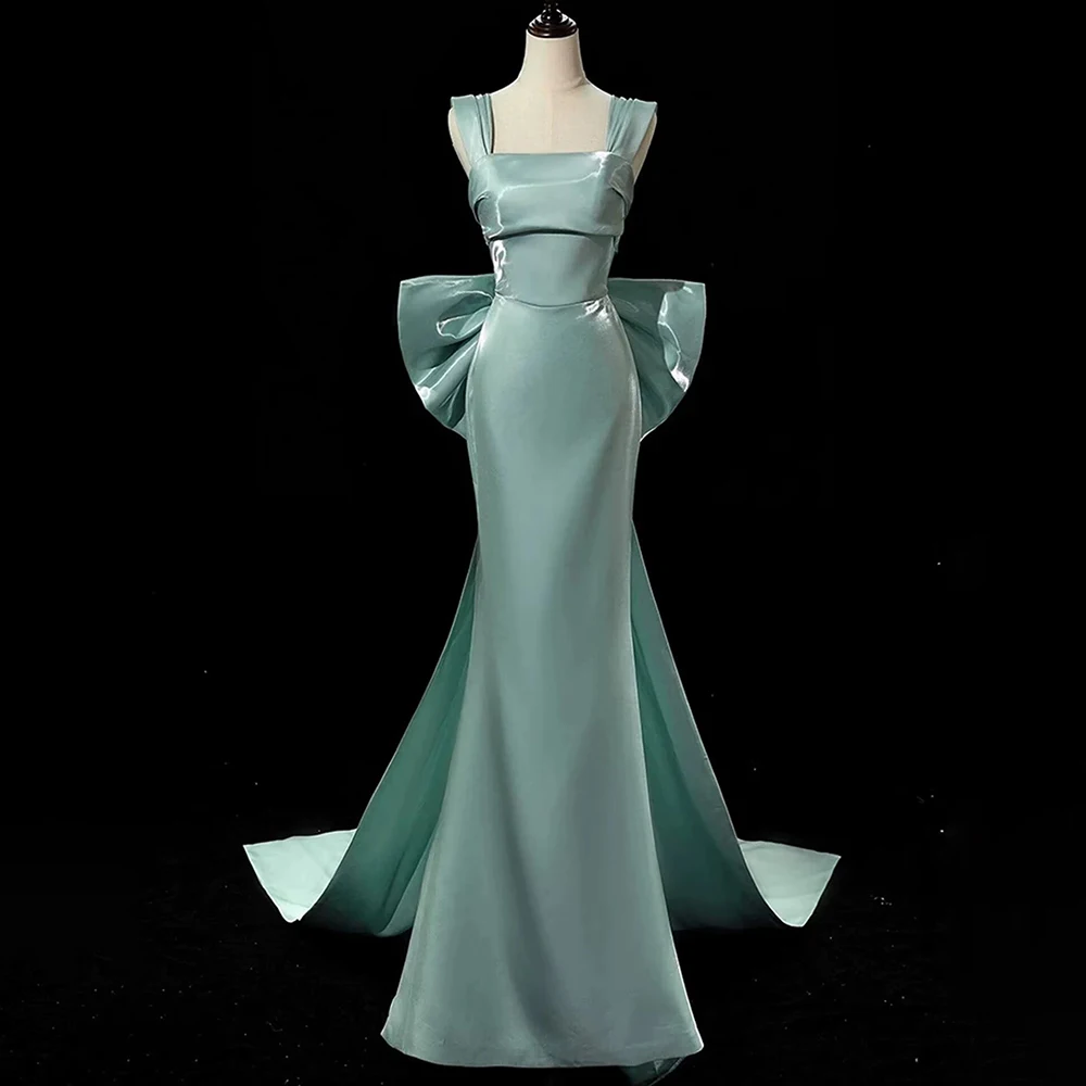 

Simple Mint Green Satin Women's Mermaid Evening Dresses Big Back Bow Long Train Sleeveless Formal Evening Party Gown