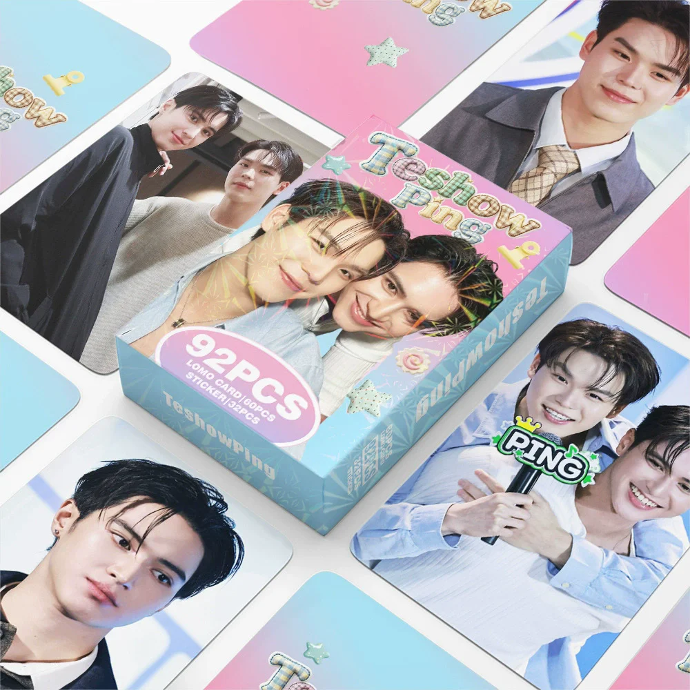 92PCS Teshow Ping Lomo Cards Set 60Pcs Photo Cards +32Pcs Stickers Thai BL Actor Collection Cards Birthday Gift for Fans