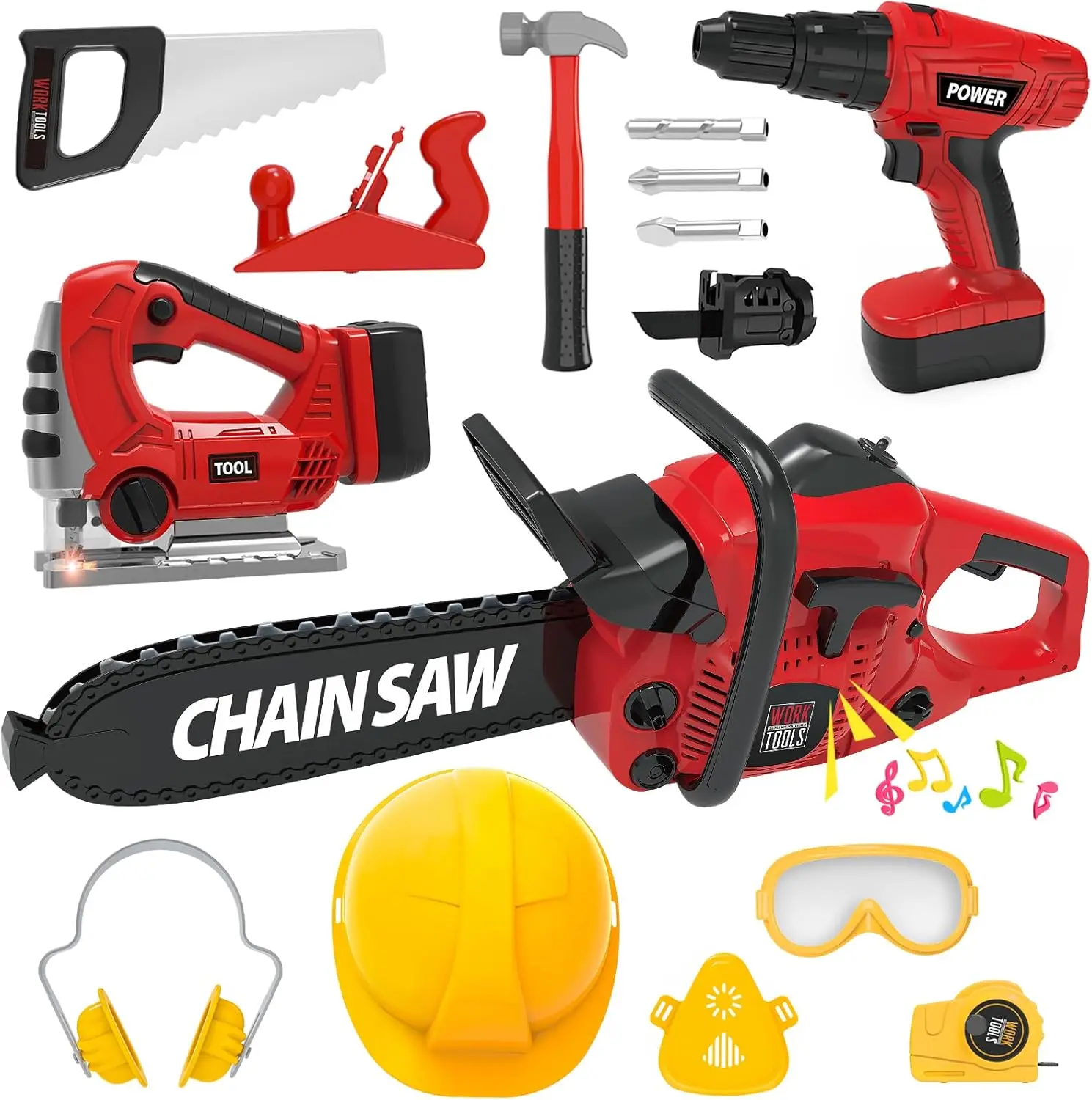 

Electric Toy Tool Set for Kids with Drill, Chainsaw & Jigsaw - STEM Pretend Play Construction Kit for Toddlers