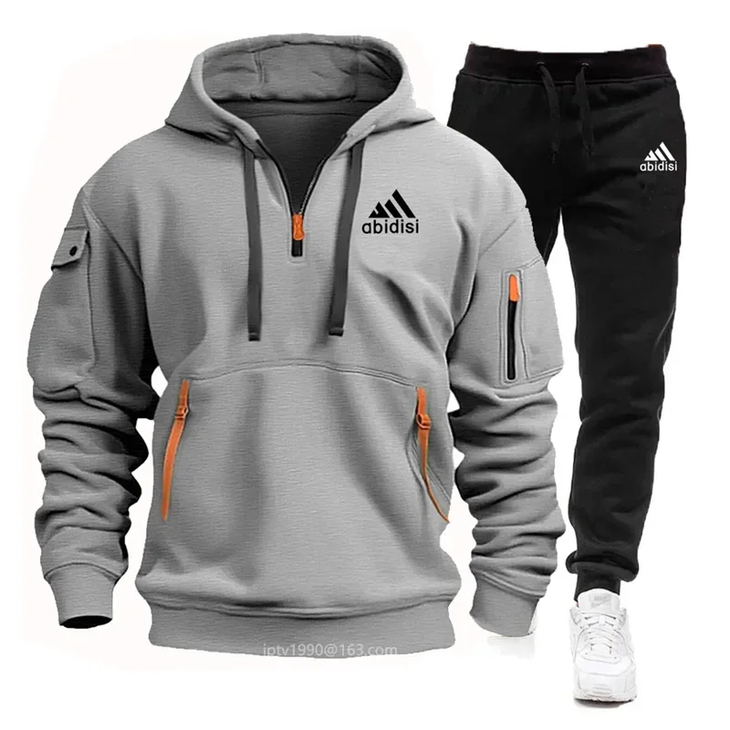 2024 Spring and autumn men\'s clothing new jogging casual sportswear suit multi-pocket zipper hoodie + sweatpants two-piece set