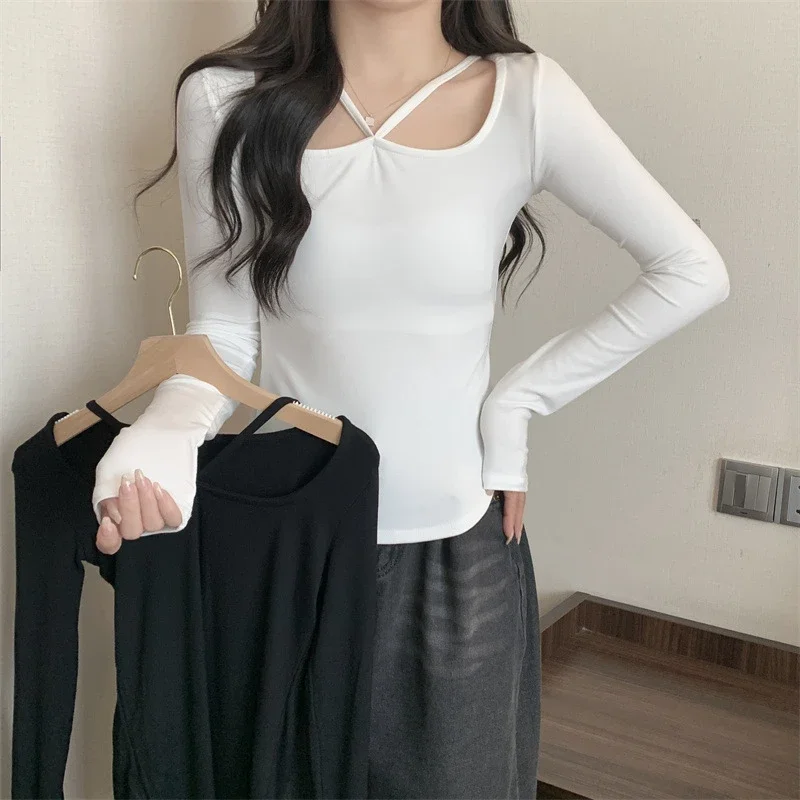 Korean Fashion Y2K T-shirt Woman Long Sleeve Crop Top Women Slim Hollow Out Tee Shirt Femme Solid Clothes Women Tshirt Autumn