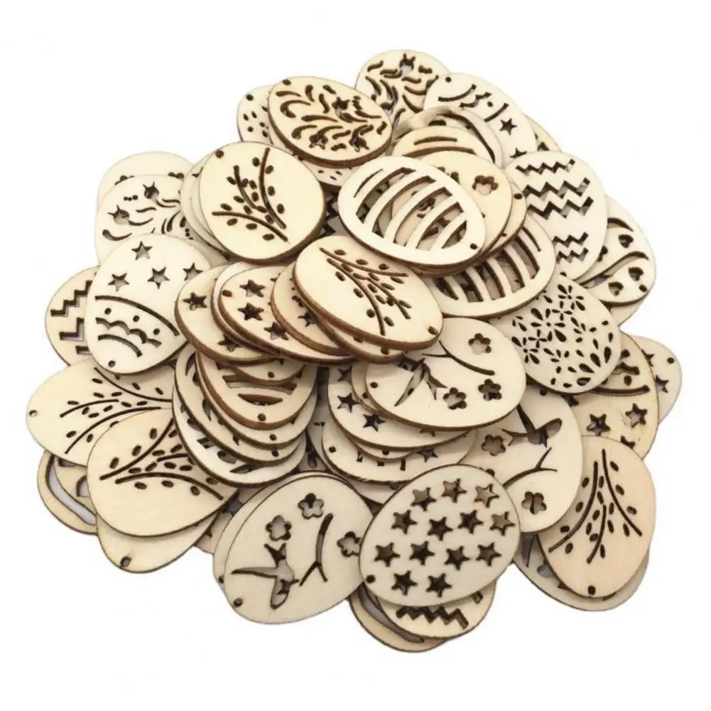 50Pcs/Bag Fashion Hollow Wood Easter Egg Pendant Decors Anti-corrosion Wood Crafts Exquisite Workmanship for Gifts