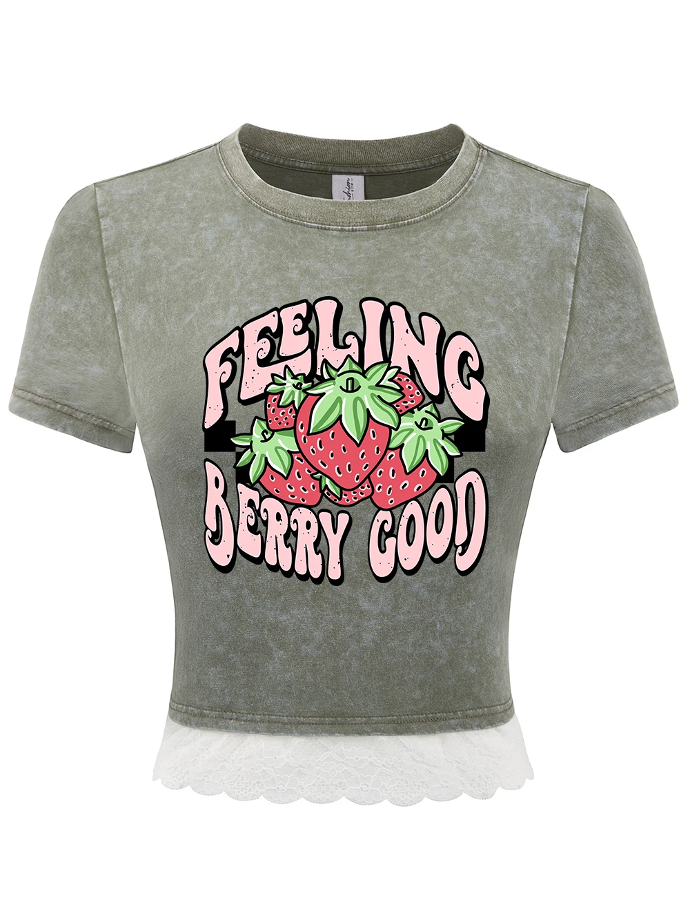 

Feeling Berry Good Strawberry Print Cotton Crop Tees Womens Summer Lace Hem Washed T-Shirts O-Neck Distressed Tops Sexy Clothes