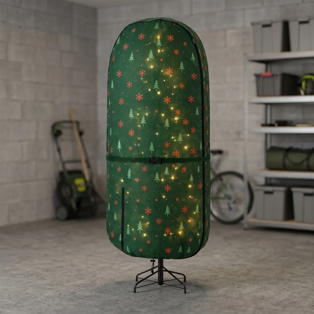 Dark Green Printed Upright Christmas Tree Storage Cover Full Zipper for 3FT 4FT 5FT 9FT Artificial Trees Polyester