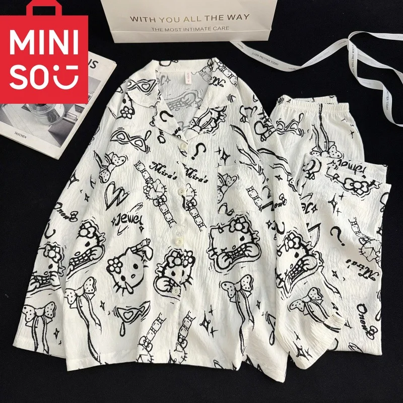 Harajuku نمط HelloKitty القوس طباعة منامة مجموعة للنساء الكرتون Kawaii التلبيب الرقبة ملابس النوم المتسكعون قطعتين مجموعة منامة