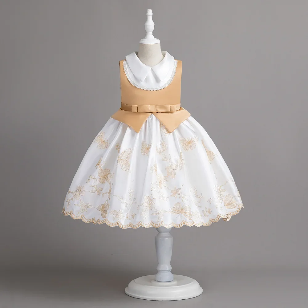 Vestido bordado Vintage para niña, vestidos de encaje para niña de flores para bodas, manga abombada con botones, vestido de fiesta de cumpleaños para niños de 2 a 10 años