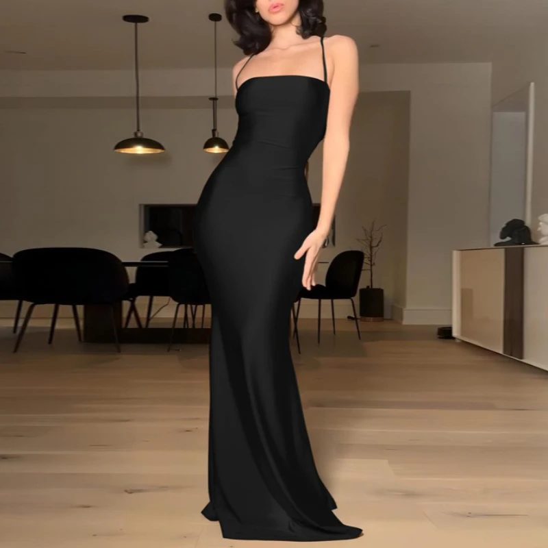 2026 Fashion Women Sexy Backess Lace-up Slim Fit Party Evening Dress Sleeveless Solid Color Elegant Halter Prom Dresses