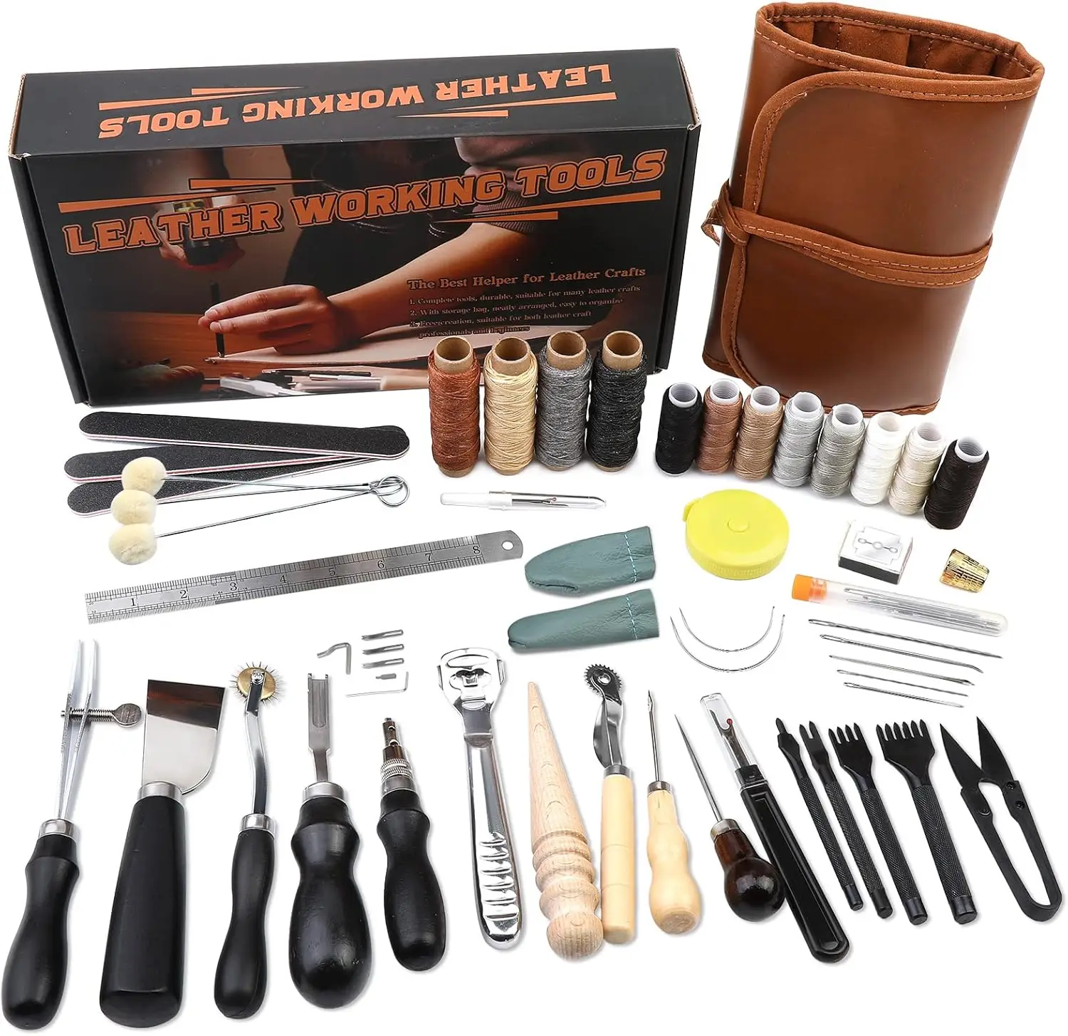 

Leather Crafting Tool Kit with Beveler, Groover, Punch, Thread & Needles - Includes Roll Bag and Manual