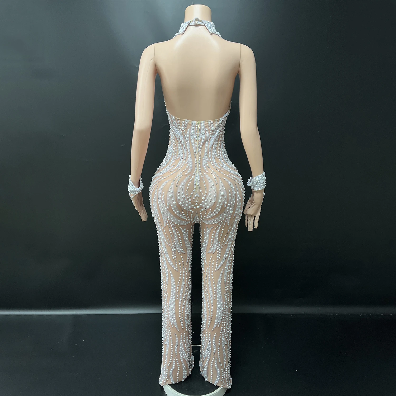 Elegant Luxury Beaded Rhinestone Jumpsuit - Backless Evening Dress for Host Stage Performance Birthday Party Prom Glove jumpsuit