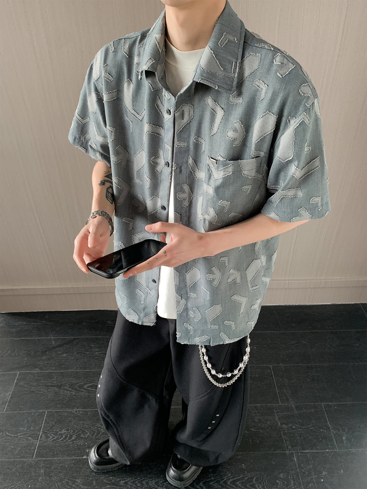 

Casual Sle Men's Beach irt ort Sve Loose Fit Summer Trendy Brand High End Feeling Open Cardigan Top Polyester Fiber