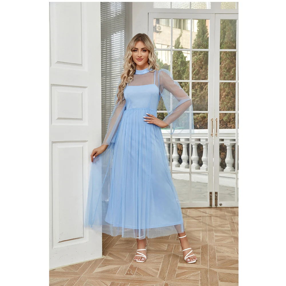 Fashion Autumn 2024 Dubai Turkey Women Dress Temperament Elegant Mesh Gauze 2 Piece Set Party Dresses Kaftan Robe Vestido Abaya