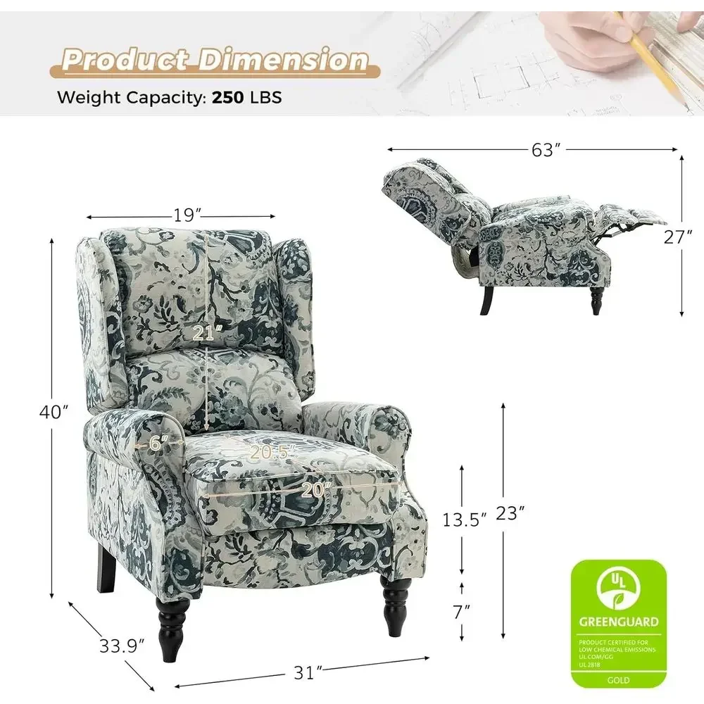 Wingback Recliner Chair with Adjustable Footrest, Push Back Mechanism, Suitable for Living Room, Bedroom, and Reading Nooks