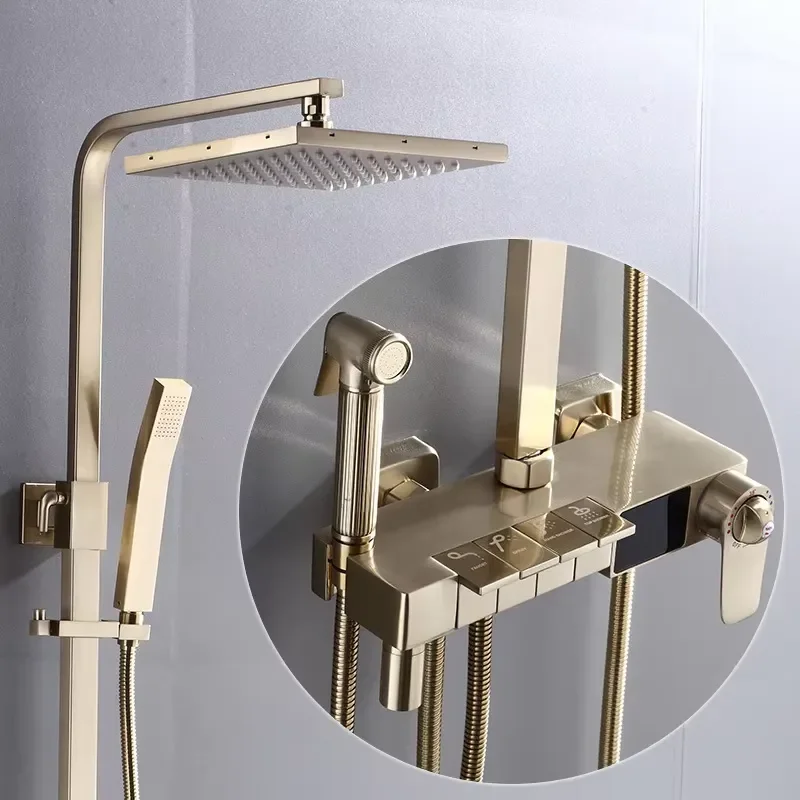 Intelligent LED Digital Display Thermostatic Shower Set Gold Piano Keys Bath Faucet System Set for Apartment