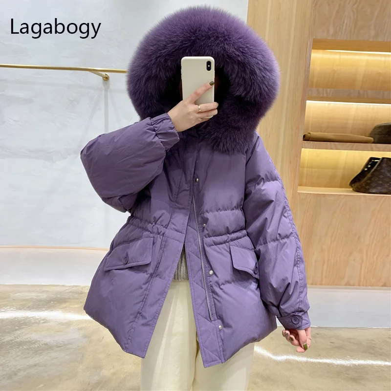 

Real 2023 Winter Puffer Jacket Fox Big Fur Female Casual Thick Warm Parkas 90% White Duck Down Coat Hooded Snow Outwear